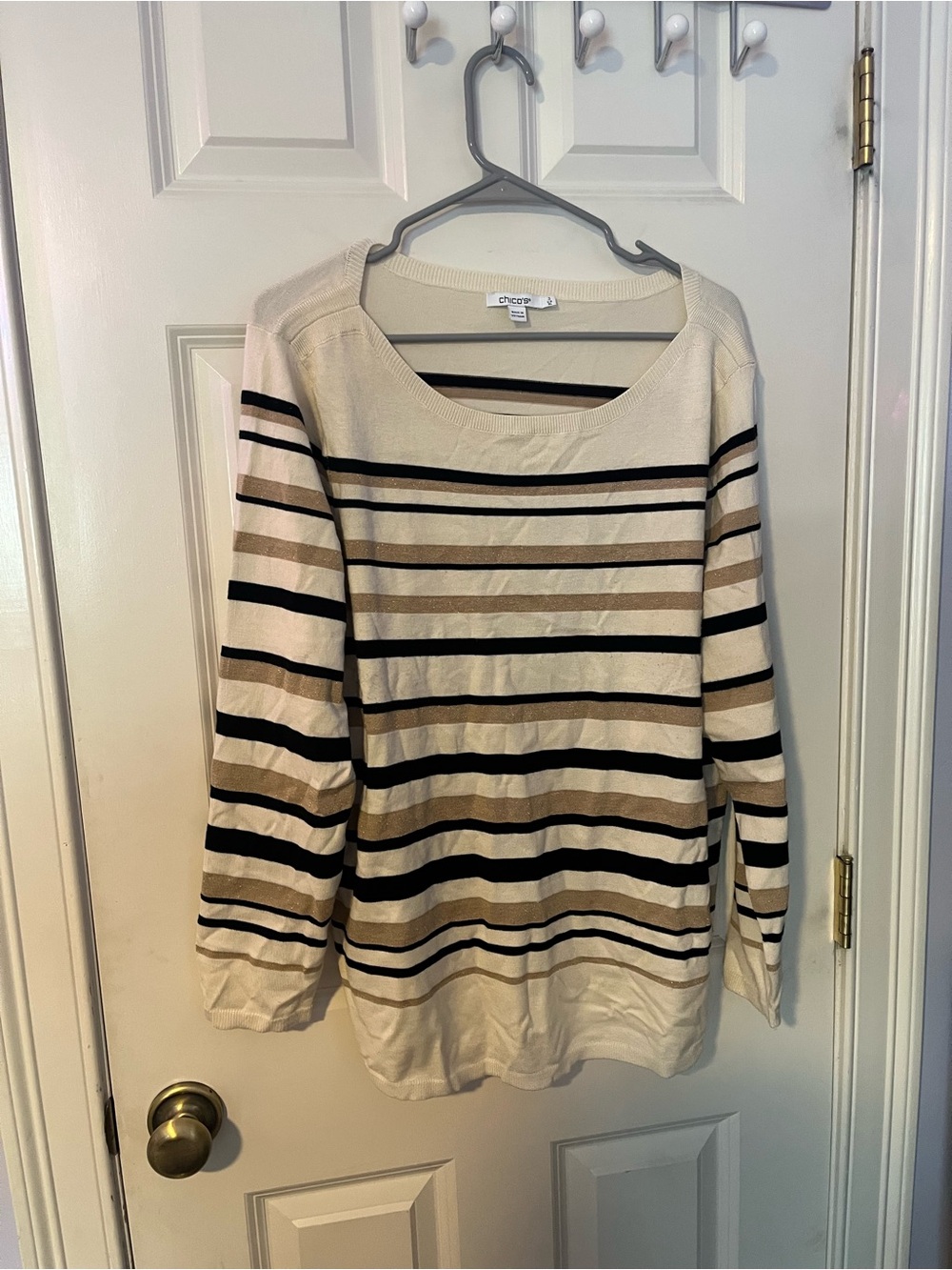 Chico's Striped Scoop Neck Top in Cream, Black & Tan